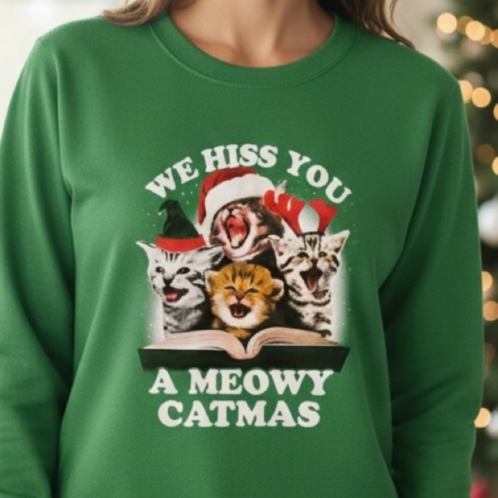 Christmas Holiday Cat Cute Ugly Sweater in Green